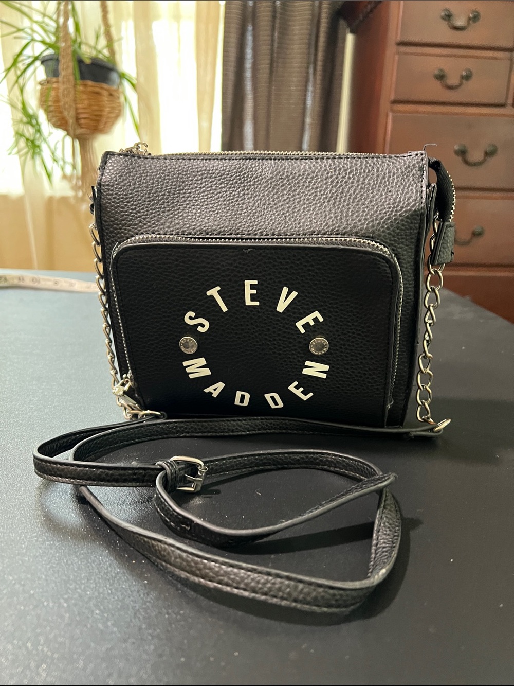 Steve Madden Black Pebbled faux Leather Crossbody with Chain Strap